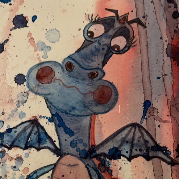 Unframed Original Art Watercolour Splash Expressionism Goofy Dragon Painting - Picture 5 of 5
